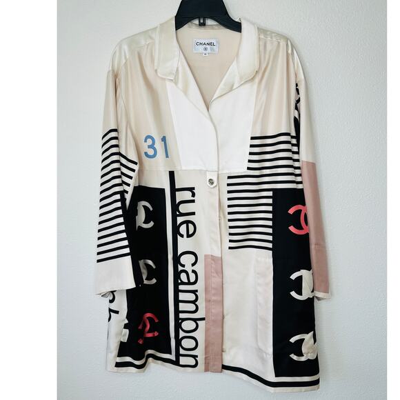 NWT Chanel 100% Silk Ecru Multi-Color Chanel Logo Jacket 42 / L - Picture 2 of 16